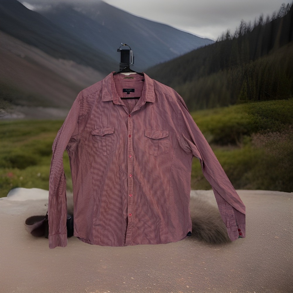 Ted Baker Mens Red Cotton Check‎ Button Up Long Sleeve Flip Cf Shirt Sz 7 US 3X